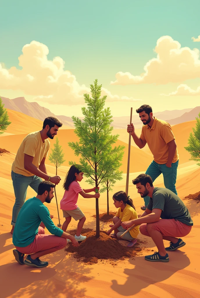 illustration, People planting several trees in a desert