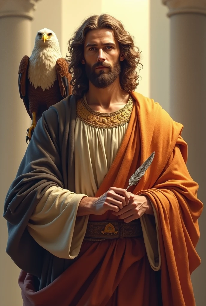 "Create an image of Saint John the Evangelist in a classical style, with a serene and contemplative expression. He must be wearing traditional clothes, with a flowing tunic and rich details. In one hand, he holds a feather, symbolizing the writing of the Gospel. on the shoulder, there must be an eagle, representing spiritual vision and higher understanding. The background can be soft and bright, with a spiritual atmosphere that highlights the presence of Saint John and his symbols."