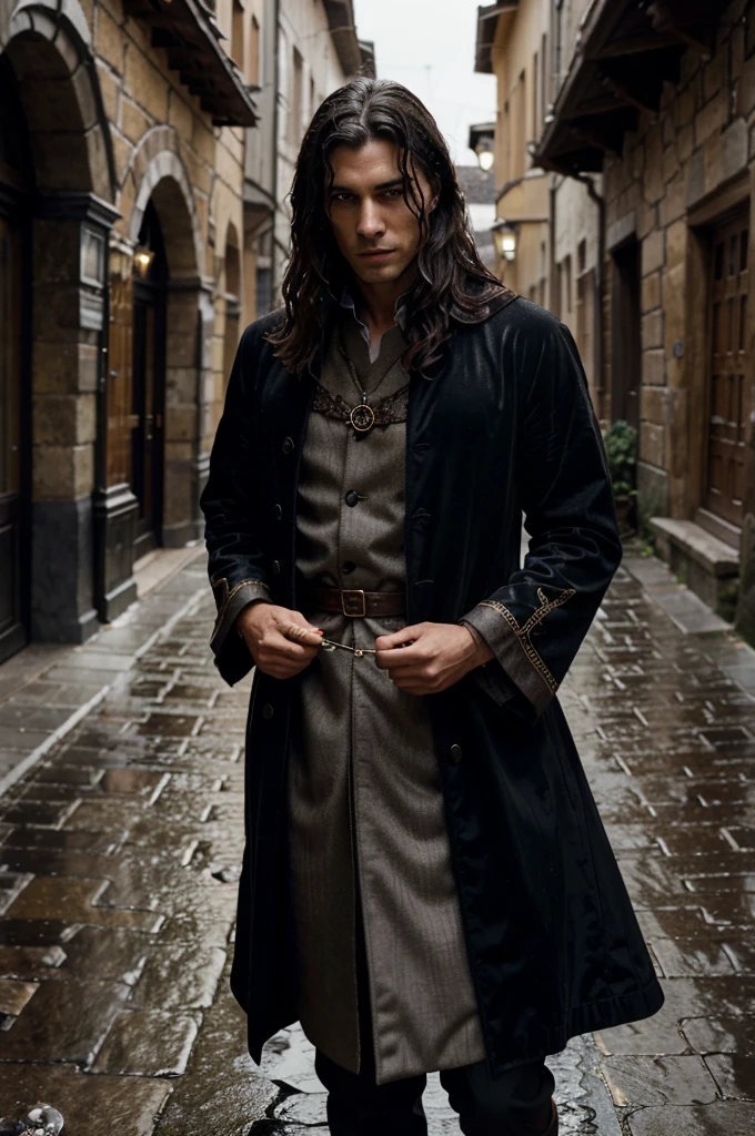 8k, ultrarealistic, high-quality image of a dark and handsome young man in a medieval setting, dressed in rich, luxurious clothing. He should exude a brooding, mysterious aura, with intense, shadowed eyes that suggest a troubled past. His dark, slightly disheveled hair is wet from the rain, adding to his enigmatic charm. He wears a richly embroidered velvet coat in deep, dark tones, with intricate gold and silver detailing, over a finely crafted tunic made of sumptuous fabrics. His attire is regal yet subdued, reflecting wealth and status. The setting is a narrow, cobblestone street in a medieval town, with old, stone buildings on either side. Rain pours down heavily, creating puddles on the ground and a misty haze in the air. The young man stands under the dim light of a flickering lantern, his expression somber, as raindrops trickle down his face and over his luxurious garments. The atmosphere should feel cold, melancholic, and full of untold stories, with the richness of his attire contrasting the bleak, rainy environment