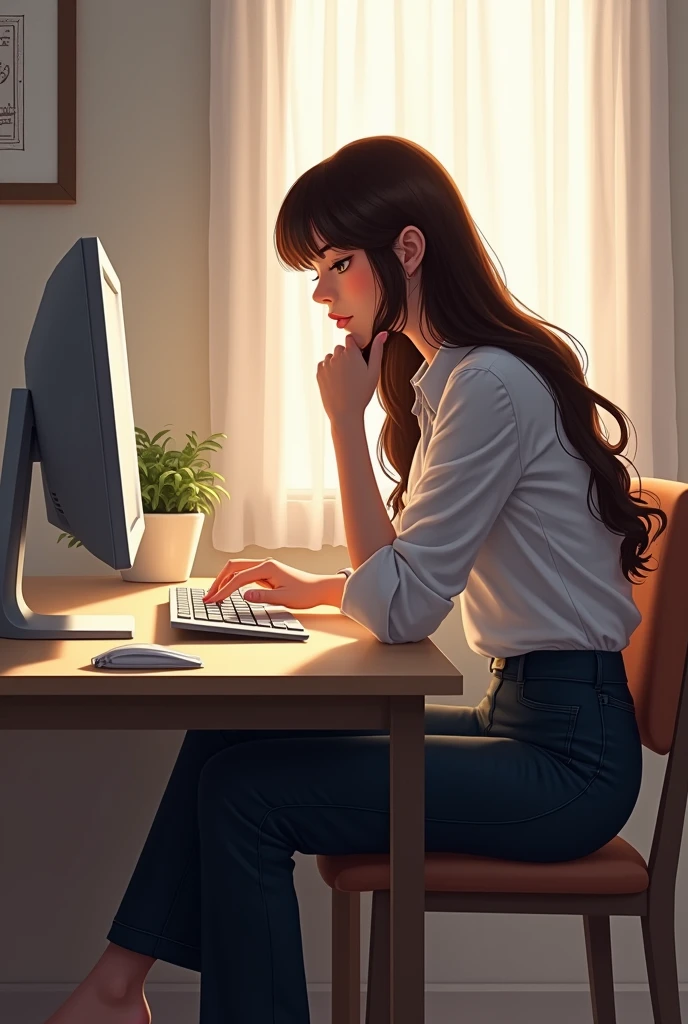Brunette woman at table with computer
