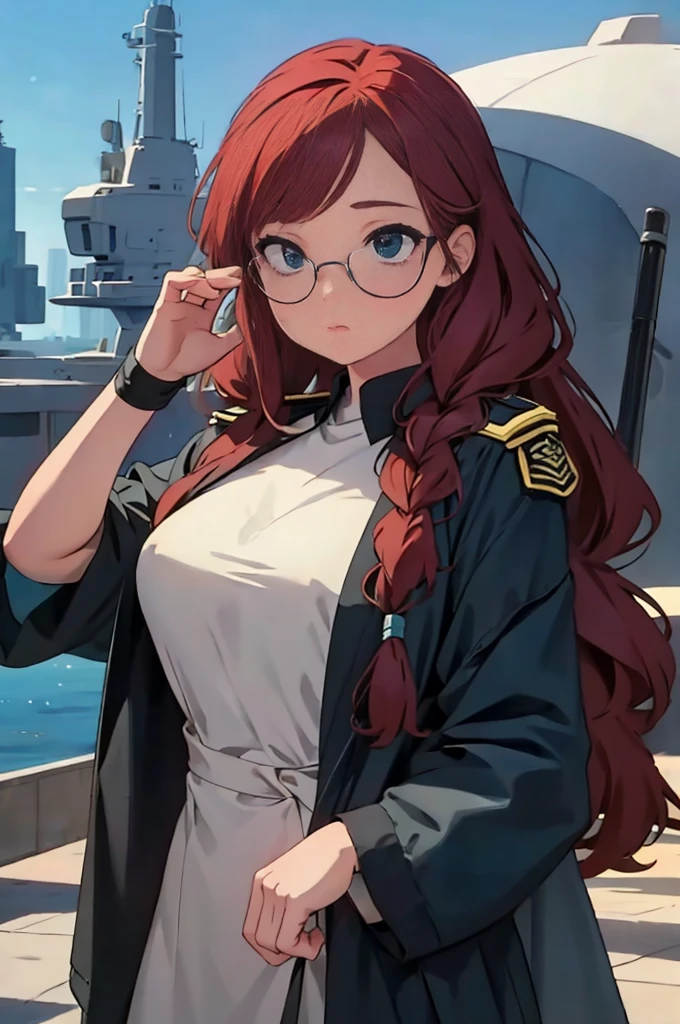 A detailed, cinematic poster for an anime-inspired sci-fi war action film, featuring a young woman with long, braided green hair, wearing a white military uniform and red glasses, commanding a spaceship against a dramatic, atmospheric backdrop of a futuristic sky and warships, with highly realistic and detailed 3D face and character design, masterful lighting and color palette.