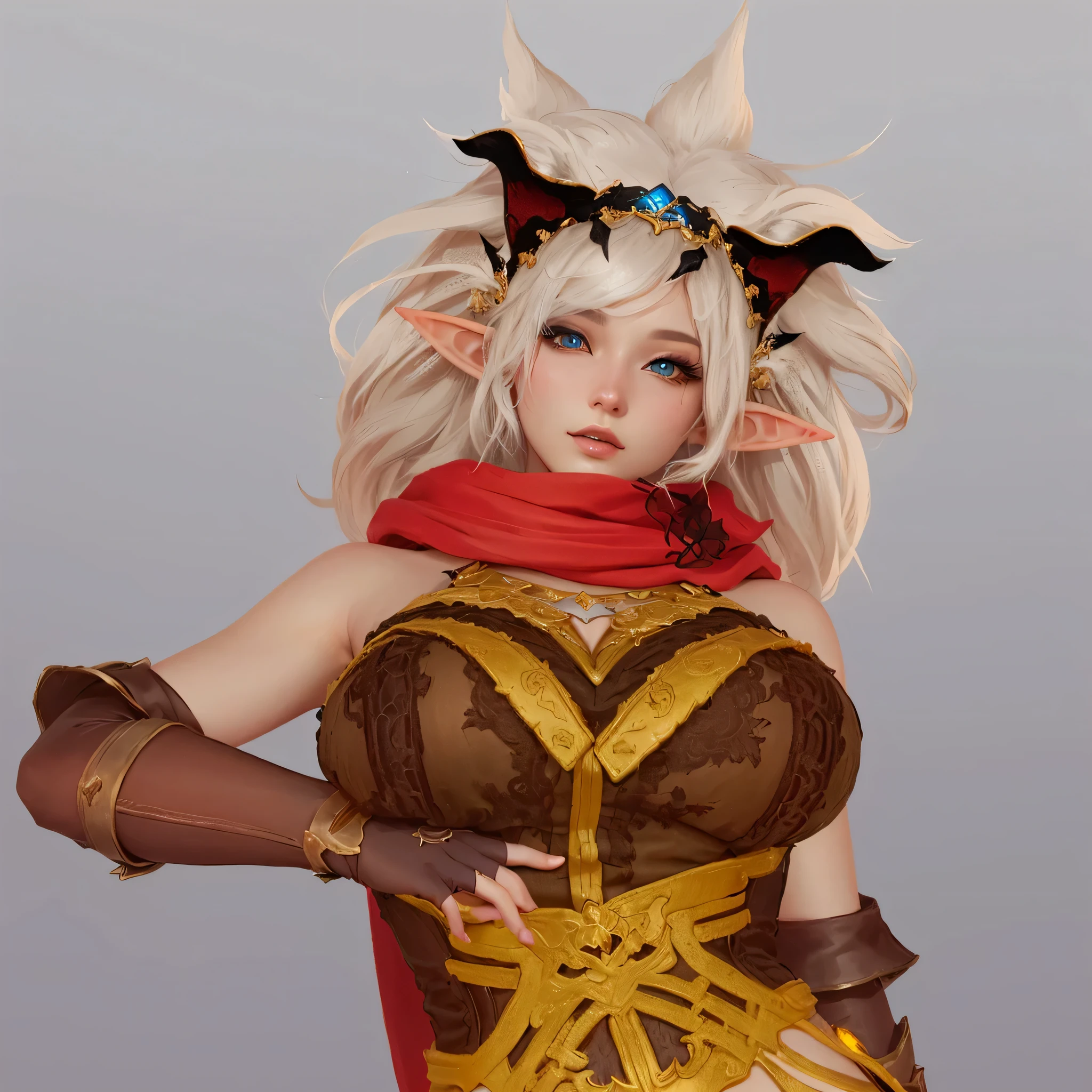 There is a woman wearing a corset and a red scarf.。, Ultra-detailed fantasy characters, 8k octa-rendered photo, (((gone crazy))) Elf Princess, Fantasy Costume, render of mirabel gone crazyrigal, Close-up Character, Female Elf, Female Characters, Inspired by Yuki Mura's Zhouqing, human :: magician, Final Fantasy 14 Style, Character close-up