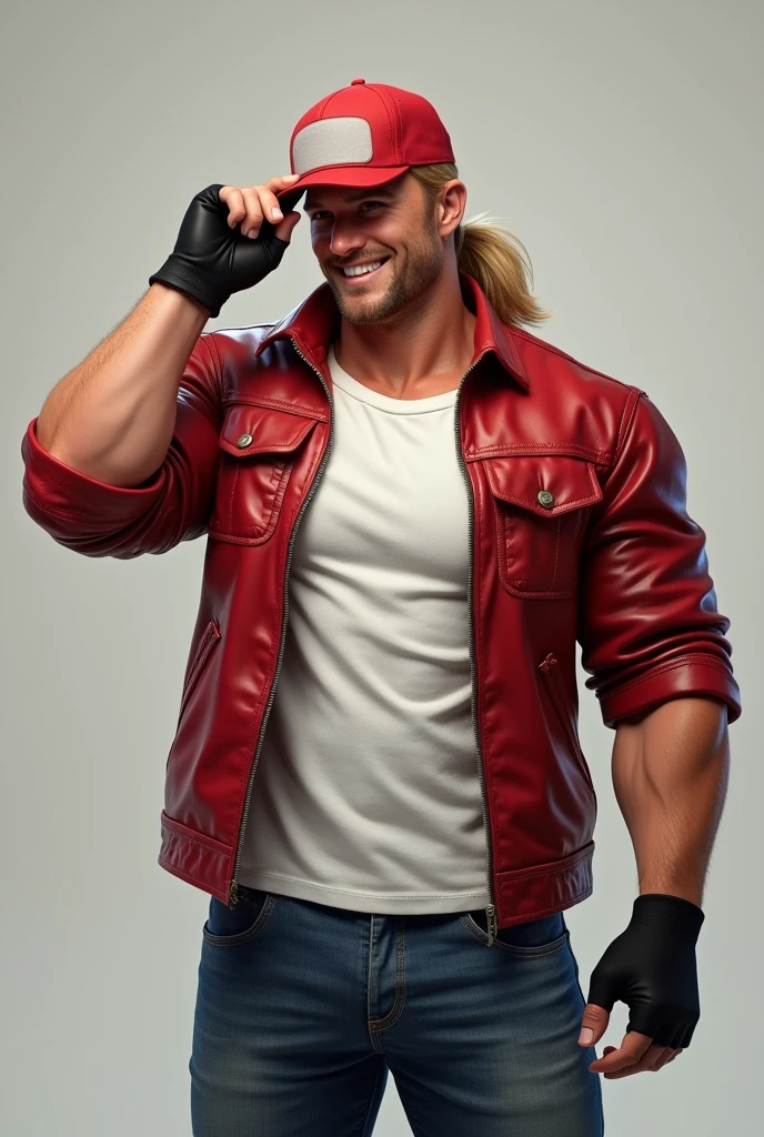 Blonde、Long Hair、Tie at the back、Muscular、male、jeans、Red cap with white front、White innerwear、Put your hand on your hat、smile、American、Red Leather Jacket、Black fingered gloves
