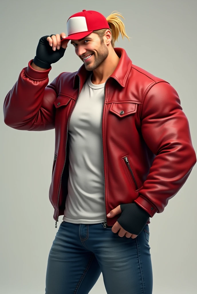 Blonde、Long Hair、Tie at the back、Muscular、male、jeans、Red cap with white front、White innerwear、Put your hand on your hat、smile、American、Red Leather Jacket、Black fingered gloves