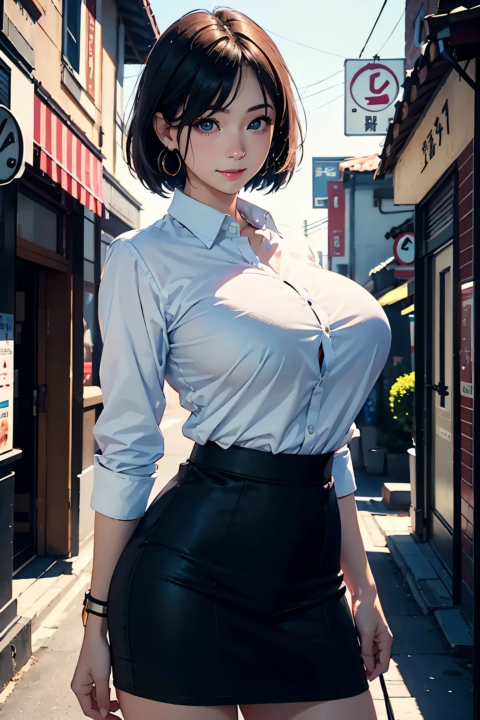 1girl, beautiful NobaraJK, NSFW, blured city background, detailed face, happy, seductive face, there is a woman in a jujutsu kaisen college uniform outfit posing, very sexy outfit, outfit: white shirt with croppet above, sexy outfit, skirt, safe for work, tight short dress, skintight dress, cameltoe