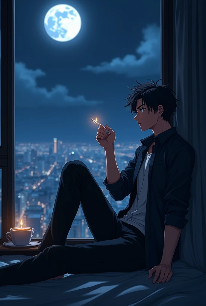 Handsome anime adult boy sitting smoking and looking out the window at night