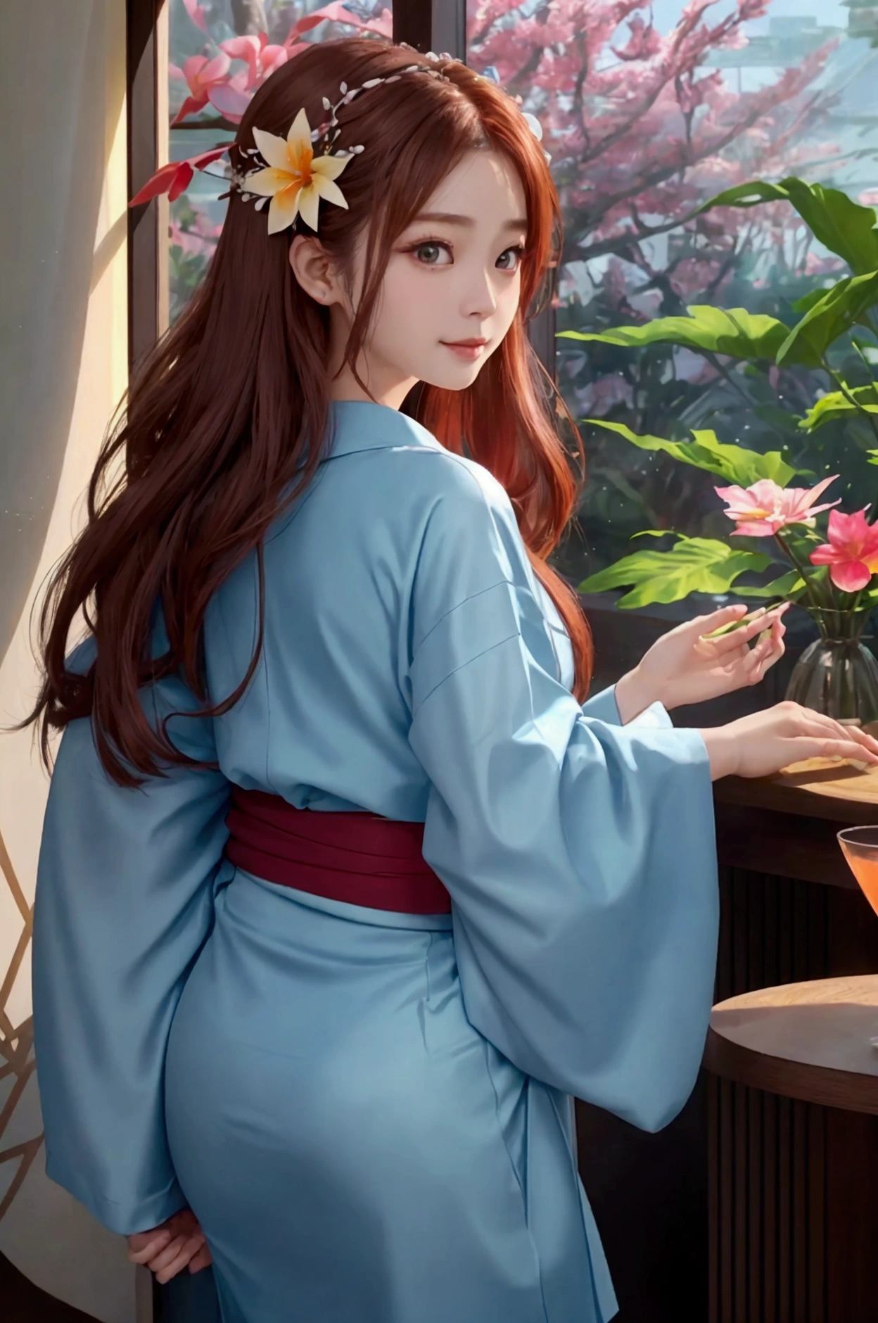 8k、A cute Japanese woman、Beautiful big eyes、Beautiful reddish brown hair、jewelry、Beautiful nails、Wide forehead and round face、Kimono Pose、Blur the plants in the foreground、Greatly blur a wide background、Small smile、Turn around and look diagonally、Slender legs、Foliage plant、Many colorful flowers in a vase、Luxury Resort Hotels、Stylish bar、Cocktail Glass、Outside the window is the blue tropical sea、Sparkling、Soft Light、Backlight、Apply fog to the entire screen、