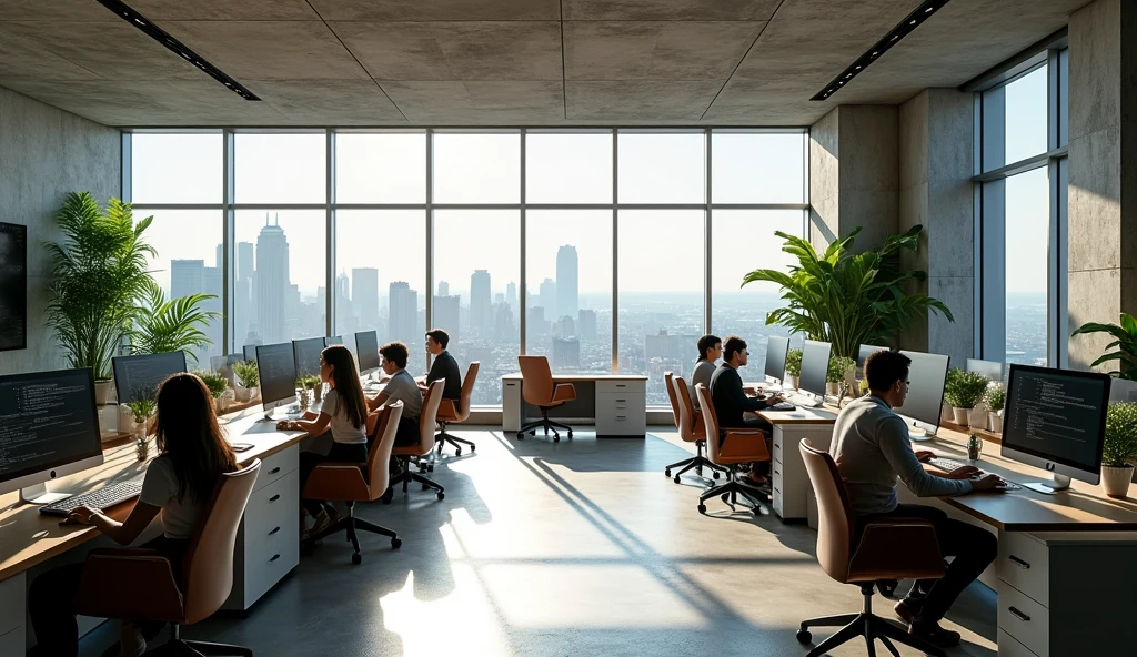 High-quality photograph of a web design studio with a modern minimalist design. The interior includes concrete, Wooden elements, plants and panoramic floor-to-ceiling windows. The office is located on the 81st floor in New York.. A couple of tables with monitors and chairs. Programmers and designers are at their workplaces. Each person has their own individual work place that reflects their personality and is different from others.. The rule of composition applied is symmetry.. Photo size 45 megapixels.