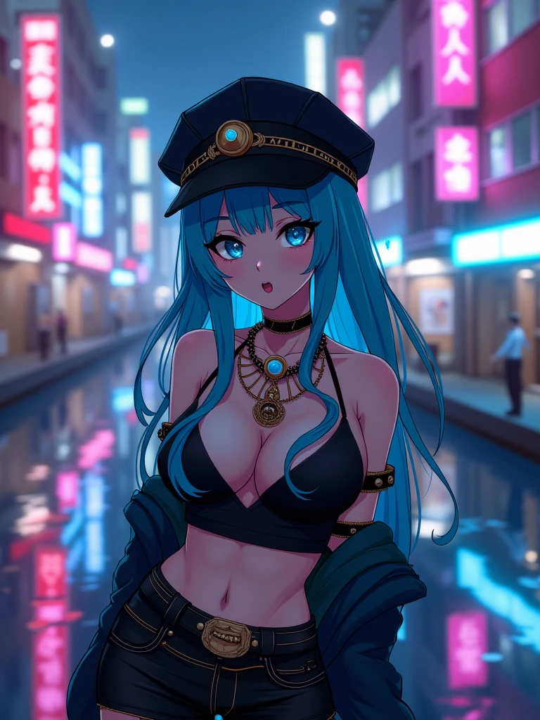 1girl, blue hair, curvy, gothic, glowing, neon, devil, ((best quality)), ((masterpiece)), (detailed), (anime key visual:1.2), ground level shot of a Tough Egyptian, (Vigorous Girl:1.3), wearing an Invigorating Flat cap with tuber trimmings, Making a funny face, Circlet, Necklace, standing near a pond with a cityscape in the background, deep focus, Cel shading, (intricate background split lighting:1.2), Depth of field 270mm, behance style, wallpaper, Concept artist, 4K, 8k resolution