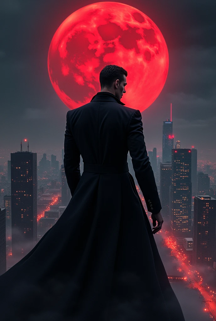 Show me a animated picture of a handsome vampire turning his back into a background featuring a night city with a red moon