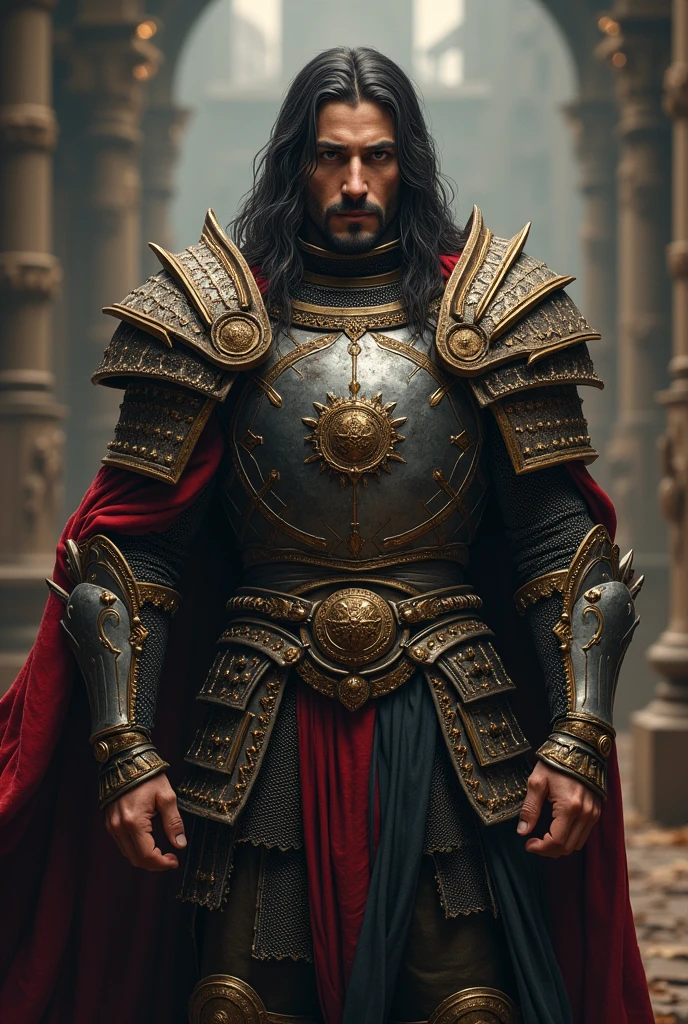 Create a male paladin, fair skinned and long dark hair, with a serene and serious appearance, almost without expression, wearing chainmail without the armor on top