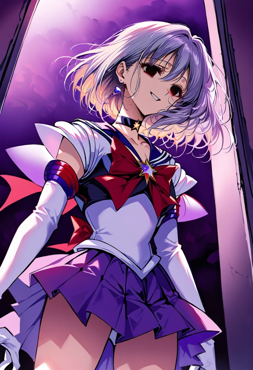 (masterpiece, Highest quality, so beautiful, Very detailed), Intricate details, 12k, Honestly,In awe of the Sailor Saturn XL,sailor senshi uniform,jewelry,skirt,choker,star choker,sailor collar,bow,brooch,star brooch,purple sailor collar,purple skirt,gloves,tiara,short hair,white gloves,earrings,elbow gloves,pleated skirt,, Are standing, Cowboy Shot,,(Wicked Smile:1.2), One person,(Silver Hair:1.4),(empty eyes,:1.4),From below,Watching the dawn,Dark aura,View your audience,(red eyes:1.2),