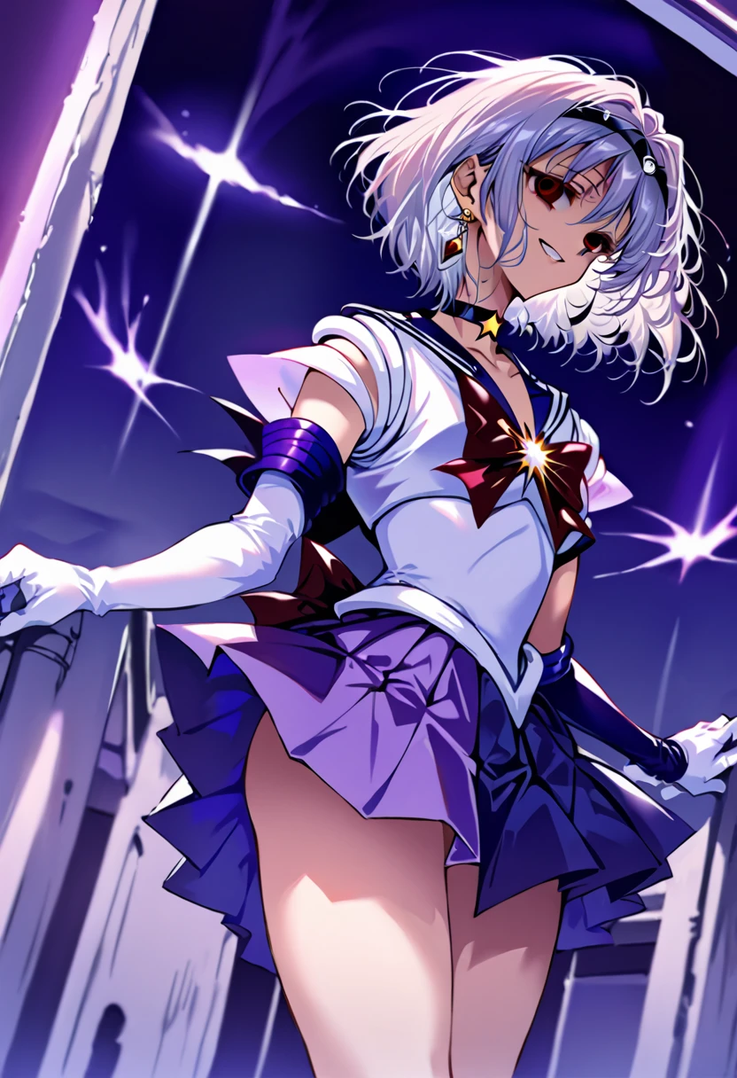(masterpiece, Highest quality, so beautiful, Very detailed), Intricate details, 12k, Honestly,In awe of the Sailor Saturn XL,sailor senshi uniform,jewelry,skirt,choker,star choker,sailor collar,bow,brooch,star brooch,purple sailor collar,purple skirt,gloves,tiara,short hair,white gloves,earrings,elbow gloves,pleated skirt,, Are standing, Cowboy Shot,,(Wicked Smile:1.2), One person,(Silver Hair:1.4),(empty eyes,:1.4),From below,Watching the dawn,Dark aura,View your audience,(red eyes:1.2),