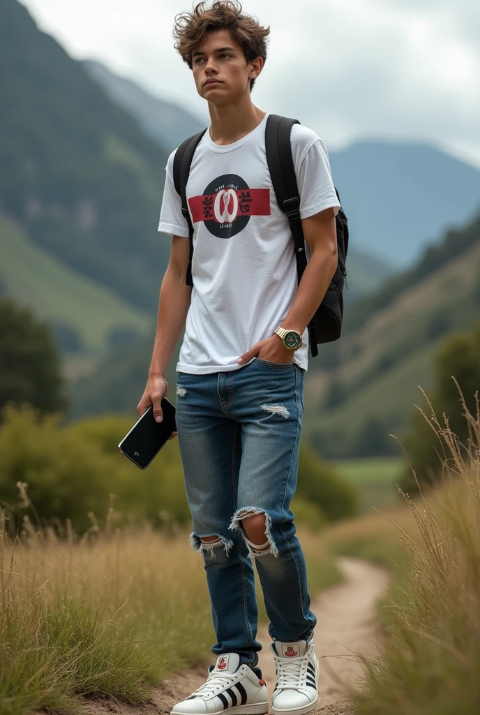 A boy wearing Gucci t shirt. His pant is danim.his sneakers in adidas. His watch is rolex and he using a iPhone and he is in new Zealand 