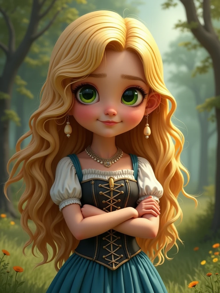 (masterpiece:1.2), (Highest quality), (Super detailed), (8K, 4K, Complex),(Half Body:1.2),(cowboy:1.2),(Very detailed:1.2),(Detailed face:1.2), (Detailed Background),(Portraiture),Detailed forest landscape,GOLDELOCKS One Girl, alone, Long Hair, smile, Blonde, dress, golden curvy Hair, Green Eyes, Arms crossed, corset, blue dress, cartoon style