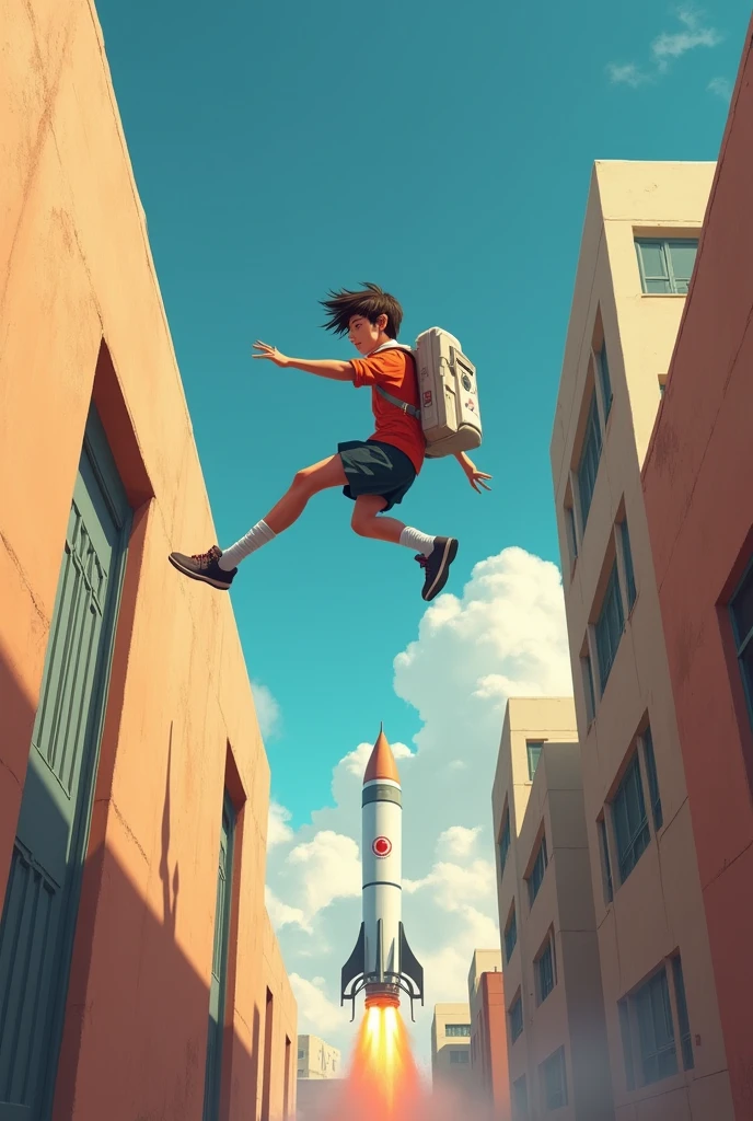 A school student jumping over the wall to get the rocket and go to Mars