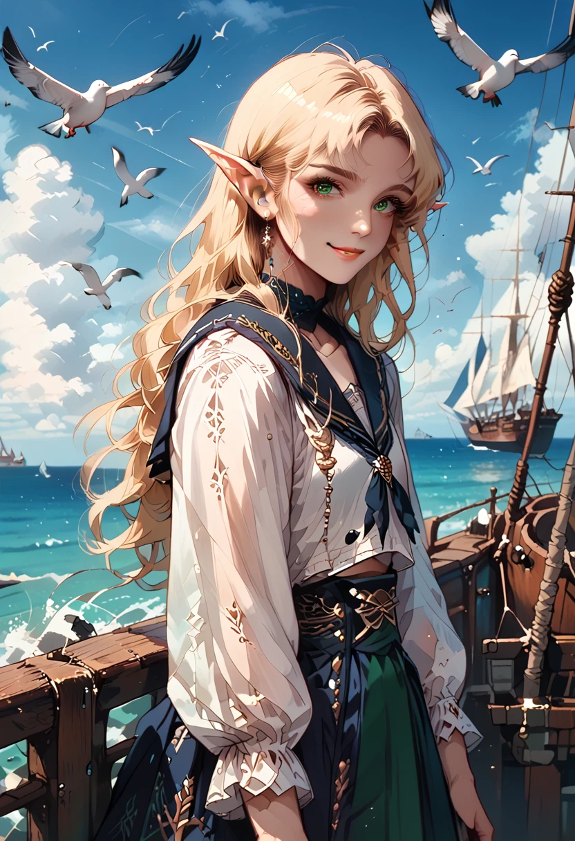 (((Masterpiece, highest quality, high definition, high detail)))), ((((Fantasy))), one, (Elf woman)))), (short skirt of white with gold embroidery), (blonde long straight hair), (glossy dark green eyes), (white ruffled blouse embroidered with gold), big, (((on the deck of a sailing ship at sea)), (vast sea))), (The firmament with clouds visible)), (( Seagulls flying in the sky)), smile, (breeze), particles of light flying