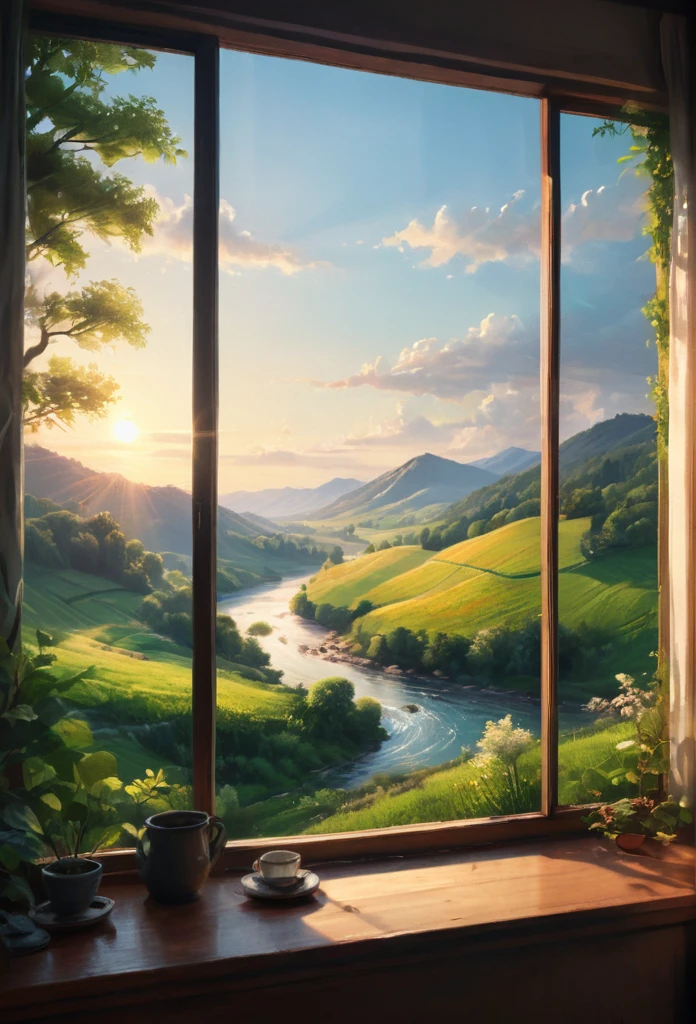 a beautiful detailed landscape outside a window, a serene countryside scene with rolling hills, lush forests, and a calm river flowing through, sunlight streaming in through the window creating a warm, inviting atmosphere, a picturesque vista that evokes a sense of peace and tranquility, a masterpiece by the digital artist Alena Aenami, hyperrealistic, cinematic lighting, vibrant colors, ultra-detailed, intricate textures, professional quality, official artwork, representative work