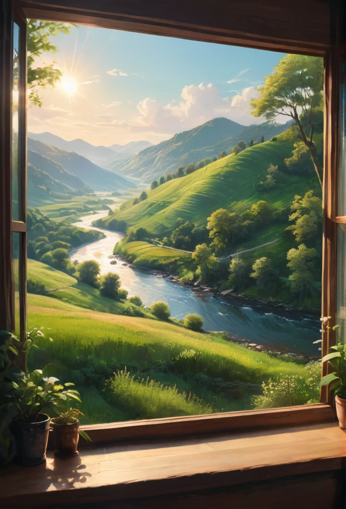 a beautiful detailed landscape outside a window, a serene countryside scene with rolling hills, lush forests, and a calm river flowing through, sunlight streaming in through the window creating a warm, inviting atmosphere, a picturesque vista that evokes a sense of peace and tranquility, a masterpiece by the digital artist Alena Aenami, hyperrealistic, cinematic lighting, vibrant colors, ultra-detailed, intricate textures, professional quality, official artwork, representative work