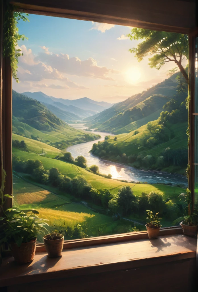 a beautiful detailed landscape outside a window, a serene countryside scene with rolling hills, lush forests, and a calm river flowing through, sunlight streaming in through the window creating a warm, inviting atmosphere, a picturesque vista that evokes a sense of peace and tranquility, a masterpiece by the digital artist Alena Aenami, hyperrealistic, cinematic lighting, vibrant colors, ultra-detailed, intricate textures, professional quality, official artwork, representative work