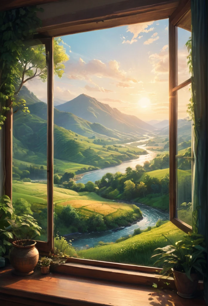 a beautiful detailed landscape outside a window, a serene countryside scene with rolling hills, lush forests, and a calm river flowing through, sunlight streaming in through the window creating a warm, inviting atmosphere, a picturesque vista that evokes a sense of peace and tranquility, a masterpiece by the digital artist Alena Aenami, hyperrealistic, cinematic lighting, vibrant colors, ultra-detailed, intricate textures, professional quality, official artwork, representative work