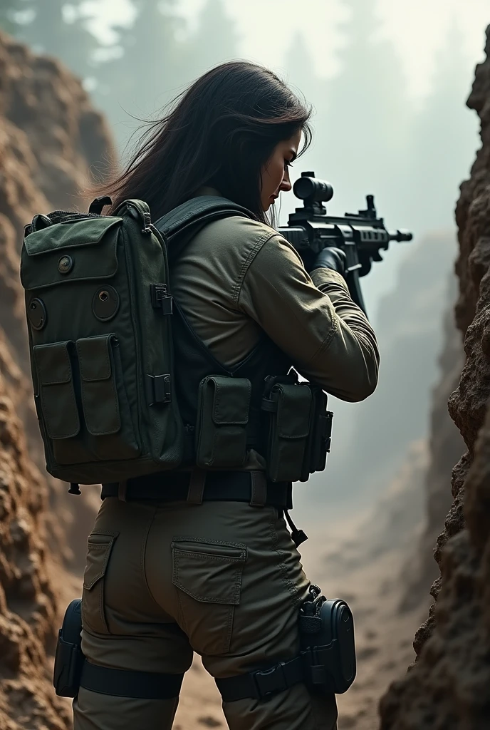 Hot girl black long hair full military combat gear uniform and equipment shooting gun from trench back view medium sized but