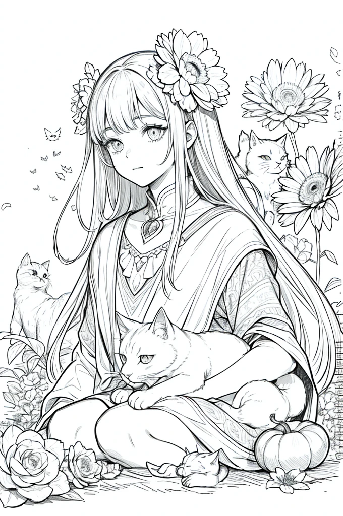 ​masterpiece, superlative, Elegant young wizard, masculine , soli, Cute Halloween , flower line drawing background, white background, monocromatic, line-drawing, ((sketch)), frightful, White cat with white eyes, eye white