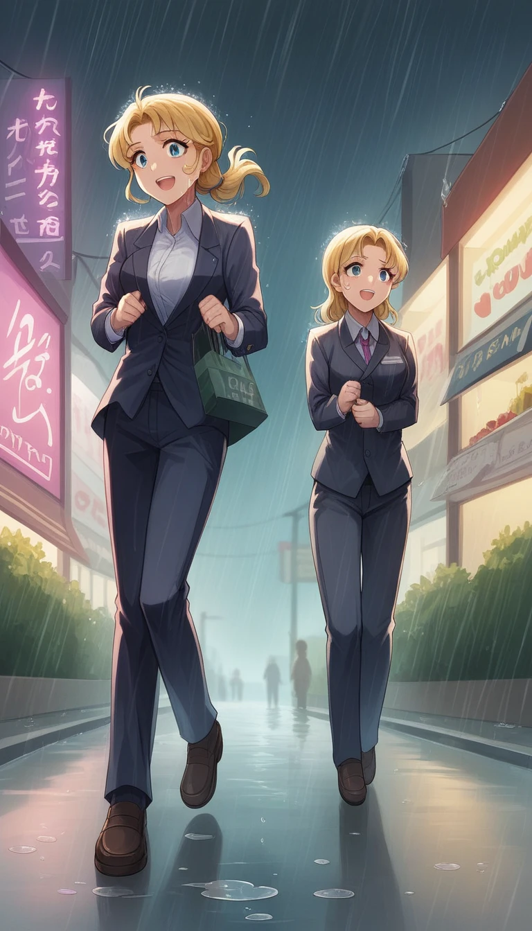 "Create a high-definition, anime-style video featuring an adult Usagi Tsukino from 'Sailor Moon' running through a rain-soaked Kudan-shita shopping street. Usagi, now a confident and mature woman, is dressed in a stylish, tailored business suit with pants, perfectly suited for her fast-paced, professional life. Despite the heavy rain, she carries no umbrella, allowing the raindrops to cascade freely over her. The camera captures her from a low angle, showcasing her in a dynamic, hurdle-like pose as she leaps over a large puddle, her movements fluid and powerful. Her blonde hair, slightly damp from the rain, flows behind her as she grins with pure, unrestrained joy. The scene is vibrant and filled with motion, with water splashing up as her foot leaves the puddle, the reflections of neon lights shimmering on the wet pavement. The focus is on her energy and determination, portraying her as a lively and resilient figure who embraces life's challenges with a smile. The overall mood is one of empowerment and vitality, highlighting Usagi's transformation into a strong, capable adult who still carries her youthful spirit."