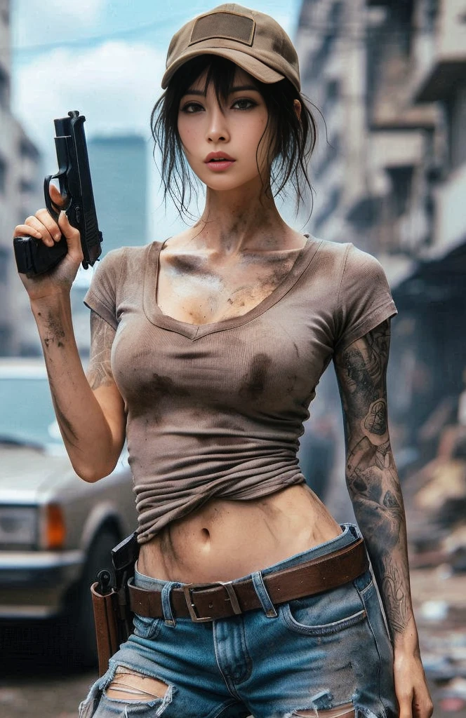 8k,Realistic Photo、Realistic Skin Texture、Superrealism、Japanese women living in America、General citizens、Civilian、Tattoo、cap、jeans、Short sleeve shirt、Beauty、American cityscape、Old building、Pistol、Covered in scars、It is dirty、muscle、The background is out of focus、Dramatic Images、Battleground、The strongest woman、Former Marine、abandoned car、Be vigilant