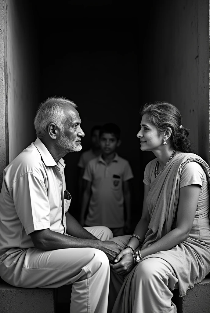 A man he set in his house with wife. he discuss for anything. Environment in Indian village village. Bg black and white he set in room with his sons