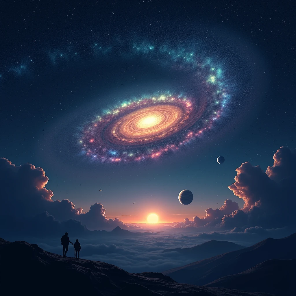 (photorealism:1.2), night with blue skies and million stars with galaxy and full moon and all planet and with rainbow with dark shadow
