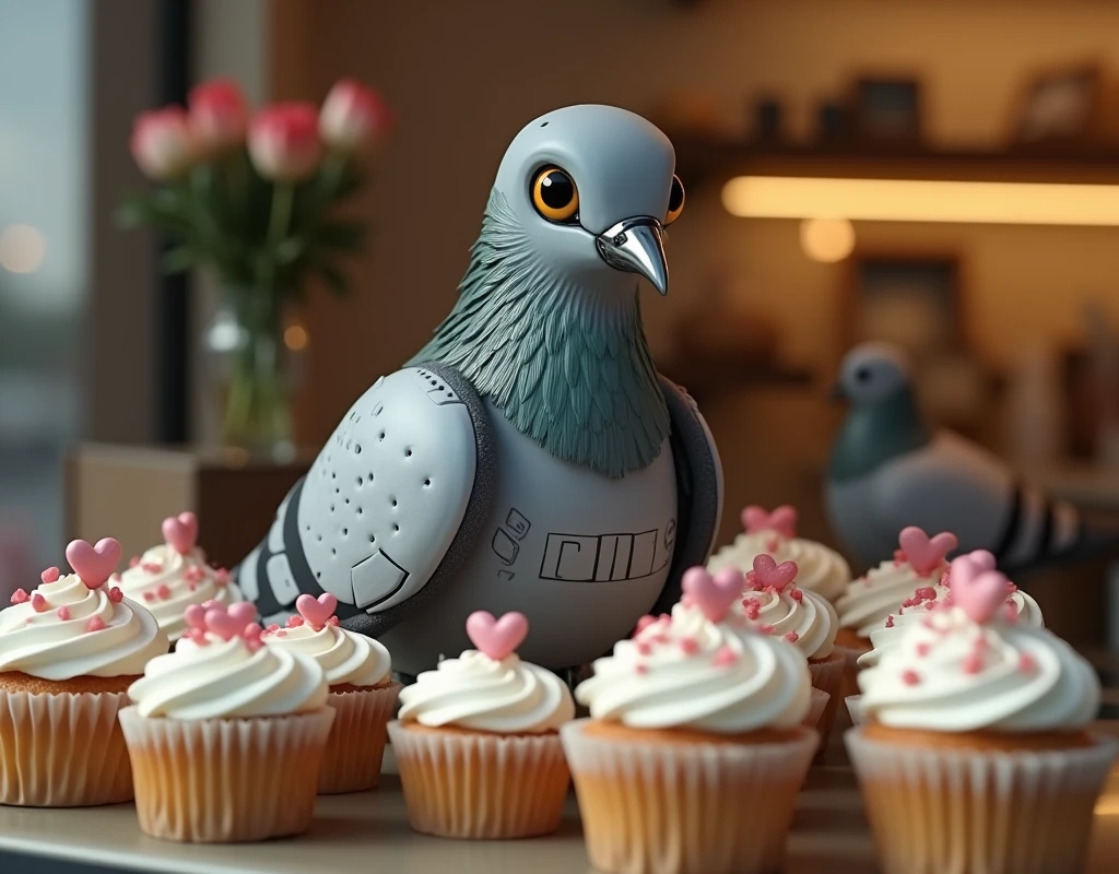 ((Highest quality)), ((masterpiece)), (detailed), In the shape of a realistic grey pigeon「SORA ROID」There are many cupcakes with this message on them lined up in the shop window., photorealistic, realistic photo, from movie stills