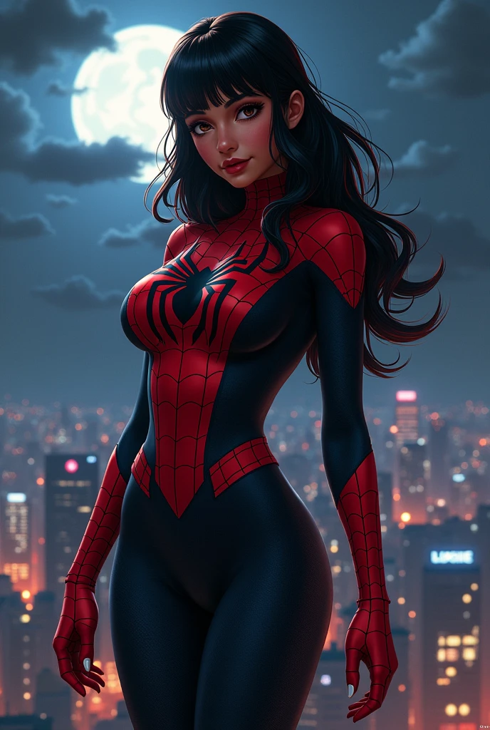 A Brazilian girl with dark brown skin color similar to the sunset, long black hair with a light red streak on the side and half of the hair bangs, a fringe covering half of the forehead, dark brown eyes shining in the night sky of a brightly lit city, body with pronounced curves, and big ass, thin face with big cheeks and a sweet and cute look, wearing the Spider-Man costume *miles morales* black and red with web patterns covering the entire suit and a spider symbol on the chest, and a white mask with a web pattern covering his entire mouth, hanging from the top of a building looking for bandits to stop, standing next to a cloud-covered full moon.