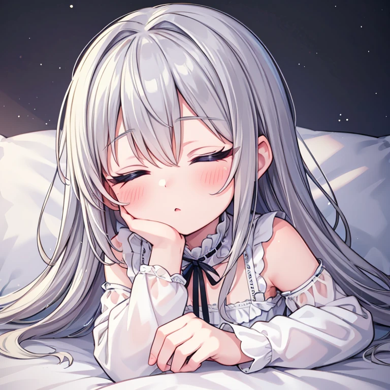 masterpiece, Highest quality, Super Detail, 8k, Detailed light, Detailed Shadows, born, (Detailed skin), (Genuine: 1.2),, 1. Scandinavian Girl, face, (), Gray Hair, Sleep in a plush bed, Night Dress,Closed eyes, Open your mouth a little,