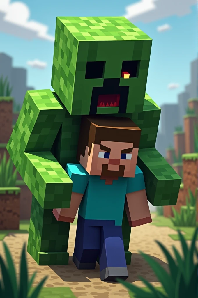 Minecraft um crepeer comendo o steve