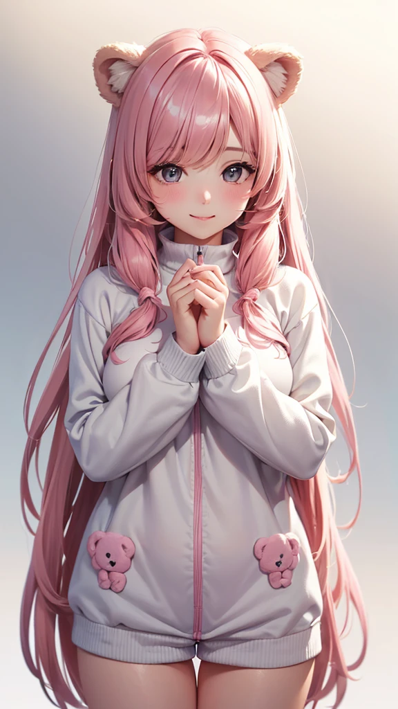 Best Quality,High resolution,8k,(plain white background, no patterns, no textures, just a plain white background:1.3),Masterpiece:1.2),beautiful girl,Big Breasts,(Shiny pink hair:1.3),messy hair,Beautiful pink eyes,A cute girl dressed in a cozy bear onesie, complete with little round ears and a fluffy tail, posing playfully as a bear. The onesie is soft and plush, with a warm brown color that resembles a teddy bear. She has a cheerful expression, her hands mimicking bear paws as she pretends to be an adorable bear cub. The scene is lighthearted and fun, capturing her playful spirit and the comfort of her cute, cozy outfit,Gentle look,A refreshing look,smile,Best quality,Best Quality,Aesthetic and aesthetic:1.2,Best details((Super detailed))(High-definition CG illustrations),Slender body,smile,blush,cute,Scrounge,Looking up,Being spoiled,super model