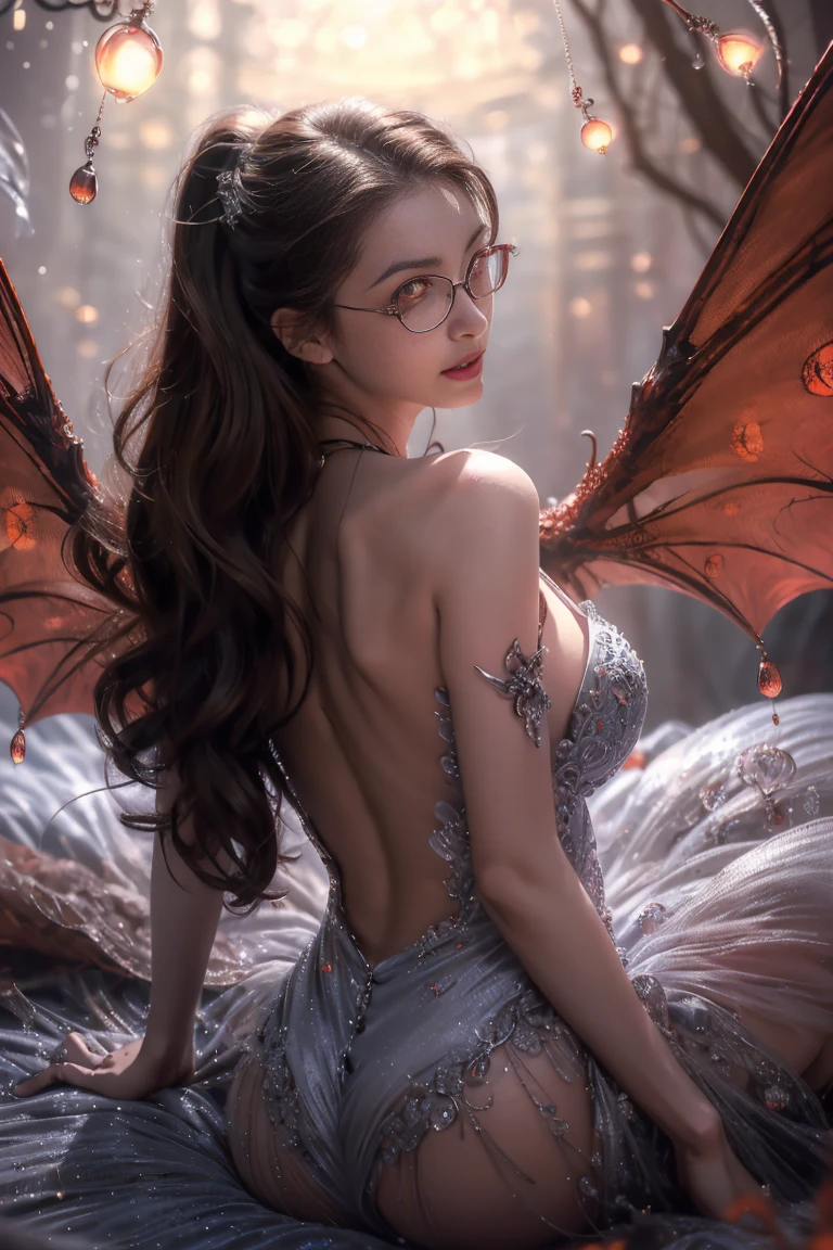 (The best illustrations)、realisitic、ultra-detailliert、The best lighting、Best Shadows、alluring succubus, ethereal beauty, perched on a cloud, (fantasy illustration:1.3), enchanting gaze, captivating pose, delicate wings, otherworldly charm, mystical sky, (Luis Royo:1.2), (Yoshitaka Amano:1.1), Dungeon and Dragon、caves、Dungeon、 A Necromancer、natta、Dark style、Succubus、Devil's Daughter、Bat Wings，(((Demon Hornlack-rimmed round glasses))))、(red eyes glowing:1.6)、​beautiful countenance、Tindall Effect、(High Detail Skins:1.2) absurderes、Ponytail distortion、jewely、Beautiful expression、Toned waist、Wide buttocks、Tindall Effectmasuter piece、top-quality、Highest Standards、Top image quality、masutepiece、intricate detailes、High resolution、Depth Field、natural soft light、profetional lighting、Great smile、(High Detail Skin: 1.2)、photorealistic anime girl render、Strong highlights of the eyes、Perfect Anatomy、crotch open、Shy、Spreading your legs、Panties are visible、Skirt flipping、Body shiny with oilerectile nipple))、8K resolution、intricate clothing、Intricate details, Sexy girl on white bed，Charming eyes，Heartwarming action，Open legs，Transparent silk pajamas ，barechested，Thick long hair，Highly detailed body，Highly detailed face