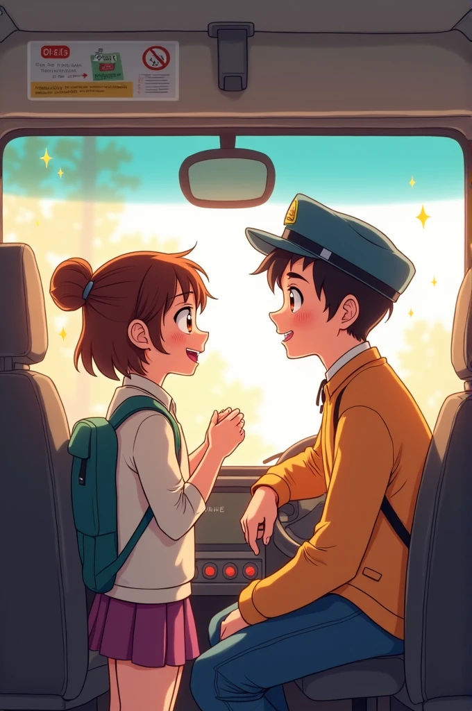 Anime style drawing of a passenger saying "thank you" to the driver of a bus and the driver telling him "with pleasure".