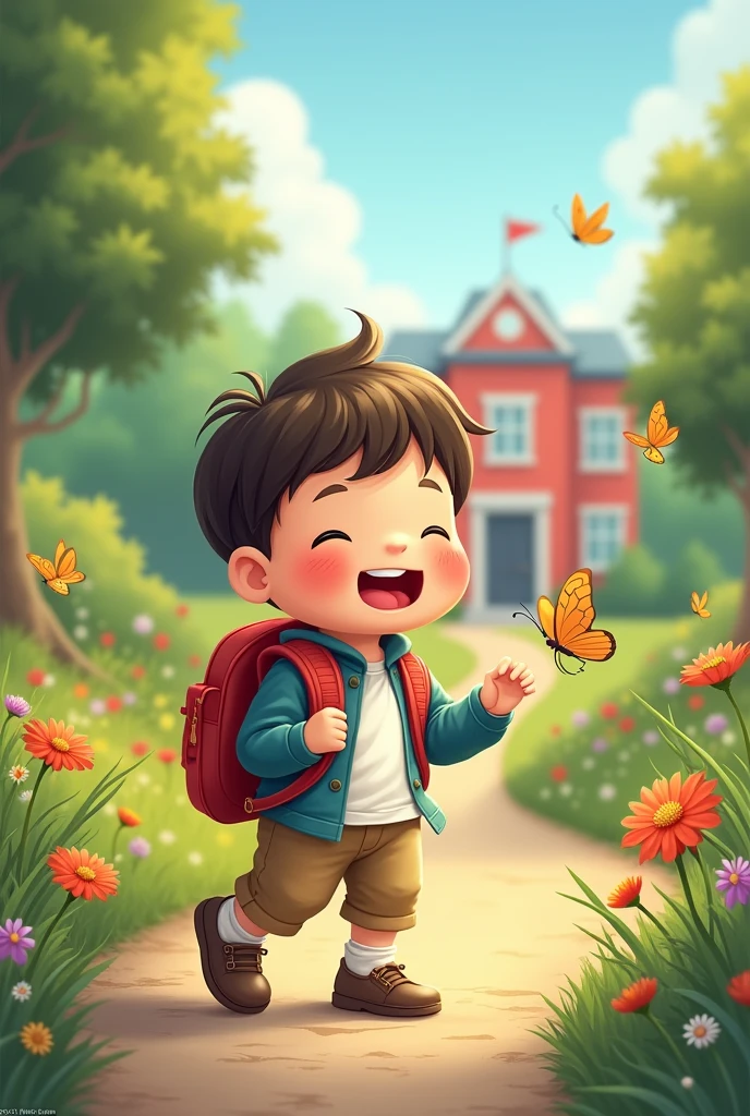 Draw me a picture , chubby boy on his way to school , boy picking flowers and catching butterflies