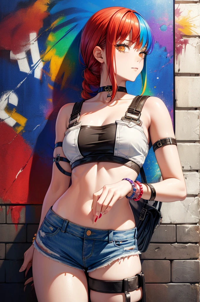 Masterpiece, Best Quality, 1girl, report, crop-top, jean shorts, Choker, (graffiti:1.aint splatter, (Hands Behind Your Back), Against a wall, looking a viewer, A bracelet, thigh strap, Paint on the body, tilt of head, bored, fiery hair color, Rainbow-colored eyes,