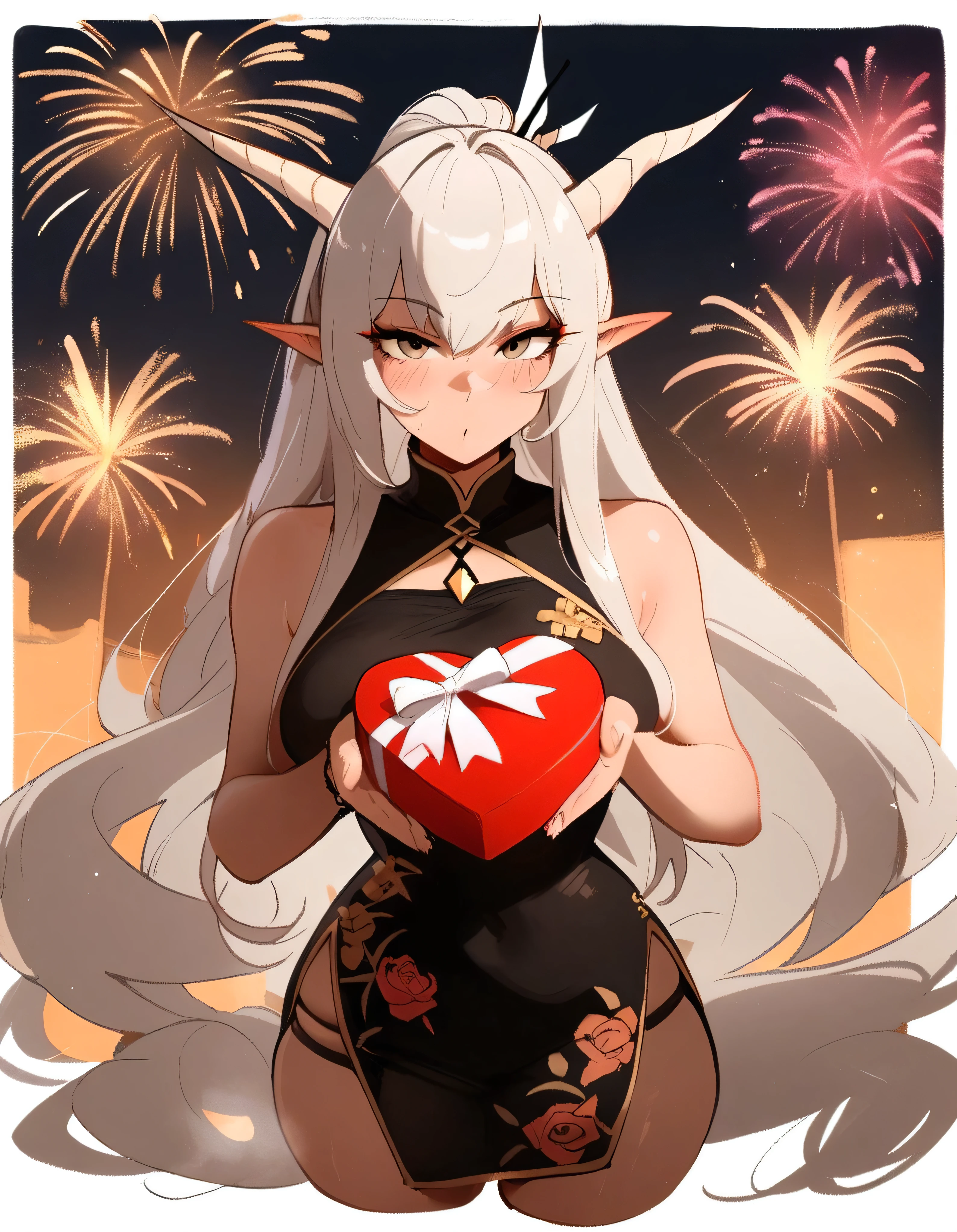 1girl, shining \(arknights\), arknights \\\\\ masterpiece, best quality, newest ///// nyantcha, khyle, \\\\\ horns , outside border, ,, grey eyes,, skindentation ,serious, straight-on,, ,pointy ears,solo, ,squishy breasts,,  black china dress, nightm outdoors, fireworks, , cropped legs, panty_straps , roses print, long dress, box of chocolates, pov, incoming gift, pov hands, blush, heart-shaped box
