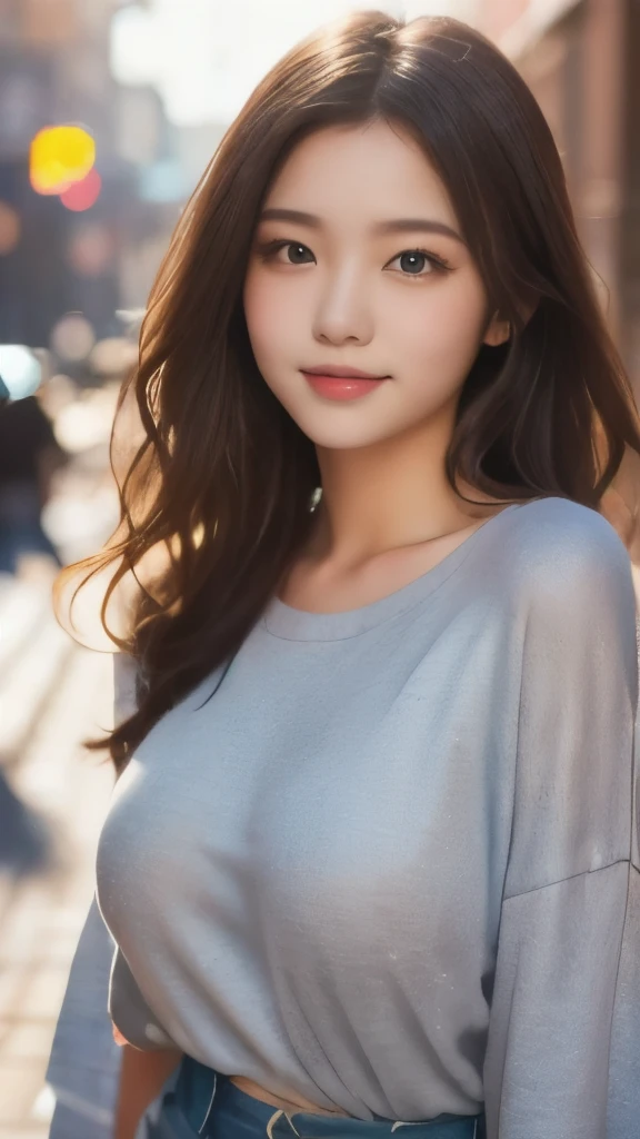 8k,Highest quality,(masterpiece:1.2),(Realistic),(Realistic:1.37),Ultra-high resolution,1 female college student,city,smile,Beautiful Eyes,(((Cute casual clothes))),Big Breasts,Perfect body,Perfect Fingers,Professional Lighting,gravure,Detailed face and skin texture,fine grain,RAW Photos