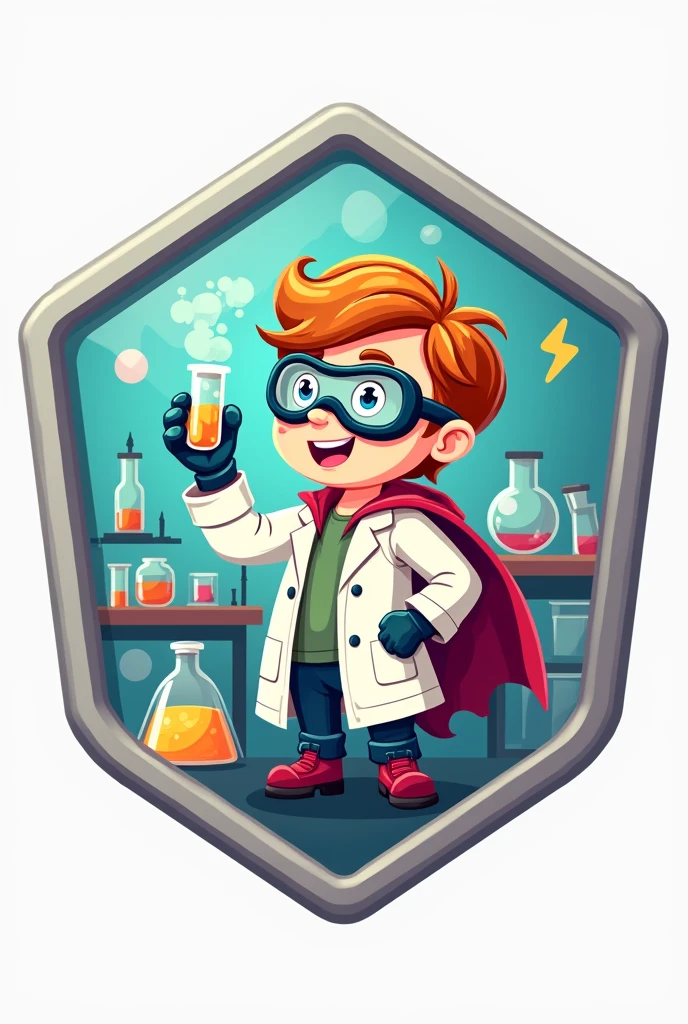 generate an image for some badges for kids, The image has to relate the laboratory with superheroes, Please note that I want the badge image to be within a 3cm x 3cm rhombus.,  Adjust the colors to make them more attractive and suitable for children, maintaining a vibrant but more harmonious style.
