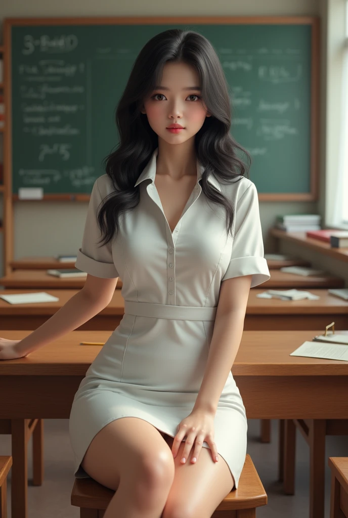 Young woman, Twenty years old, Black hair, beautiful face, Asian style, Fair Skin, Big breasts,Thin waist, Big butt, Wearing a teacher&#39;s uniform, Sit at a desk in the classroom, Realistic style 2.5D


