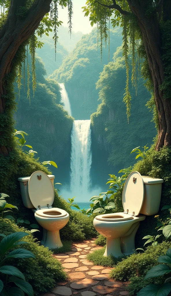 2 toilets together on the jungle, a waterfall nearby, everything surrounded by trees