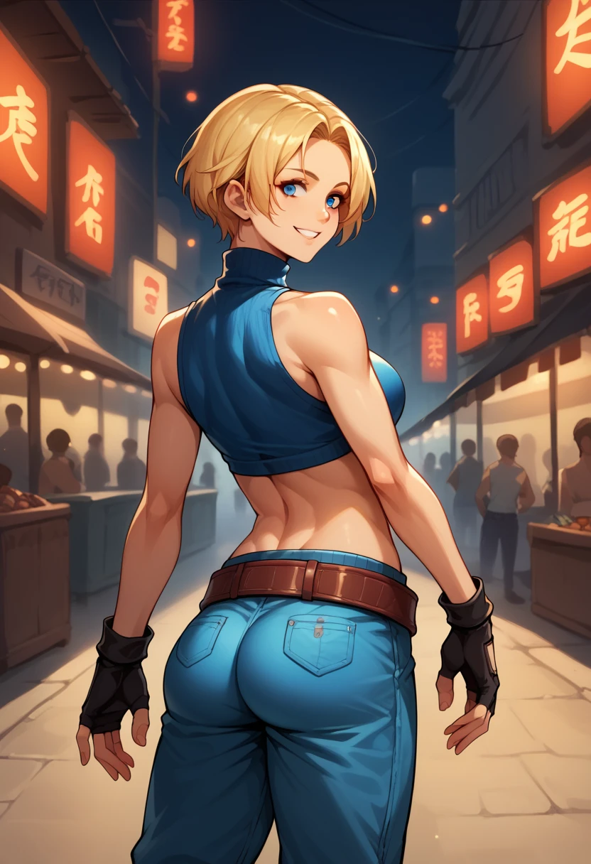 score_9, score_8_up, score_7_up, BREAK, score_9, bmarydg, blonde hair, short hair, smile, sleeveless turtleneck, sleeveless, baggy pants, loose belt, crop top, blue_Pants, fingerless gloves, blue eyes, looking at viewer, cowboy shot, ass, from behind, street