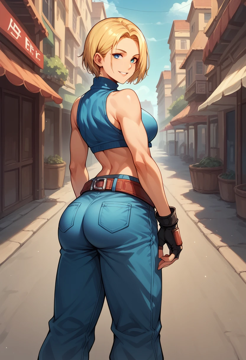 score_9, score_8_up, score_7_up, BREAK, score_9, bmarydg, blonde hair, short hair, smile, sleeveless turtleneck, sleeveless, baggy pants, loose belt, crop top, blue_Pants, fingerless gloves, blue eyes, looking at viewer, cowboy shot, ass, from behind, street