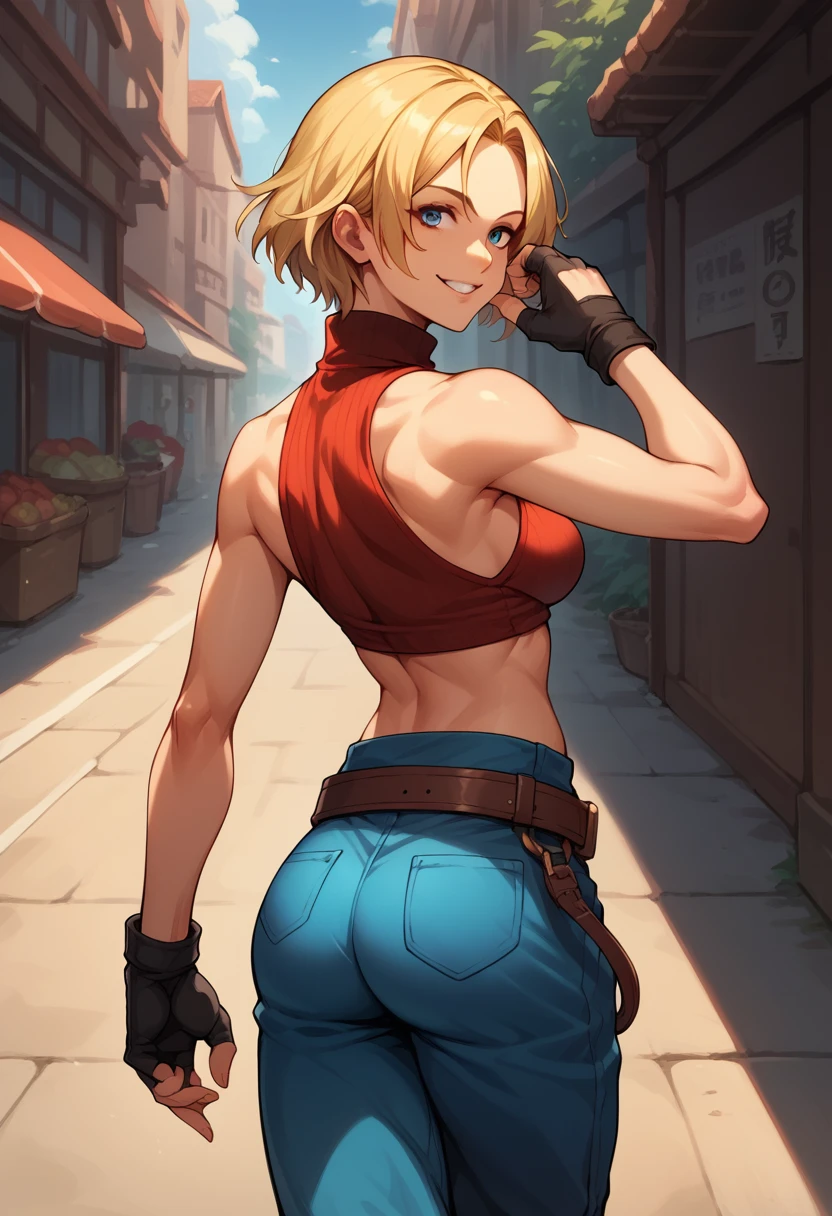 score_9, score_8_up, score_7_up, BREAK, score_9, bmarydg, blonde hair, short hair, smile, sleeveless turtleneck, sleeveless, baggy pants, loose belt, crop top, blue_Pants, fingerless gloves, blue eyes, looking at viewer, cowboy shot, ass, from behind, street