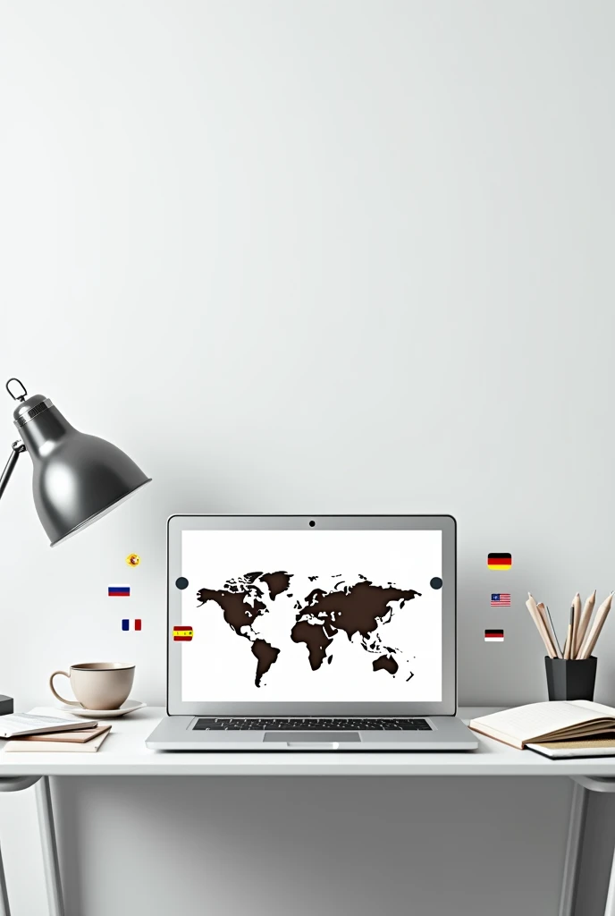 "Create a professional and modern workspace image for a freelance translator. The scene should include:
A clean, minimalist desk with a light, neutral background (white or pale grey).
An open laptop prominently displayed on the desk, showing a world map with highlighted regions or markers representing the following languages: English, French, Portuguese, Spanish, German, Dutch, and Russian.
Small, elegant flags or icons around the laptop representing the seven languages.
A few professional items on the desk: a notebook, a pen, and a cup of coffee.
Subtle graphics or icons related to translation, such as a globe, speech bubbles, or documents.
A text overlay at the top or bottom of the image saying: 'Professional Translation Services in 7 Languages' or 'Accurate Manual Translations: English, French, Portuguese, Spanish, German, Dutch, Russian.'
The overall aesthetic should be clean, modern, and professional, highlighting global reach and expertise."