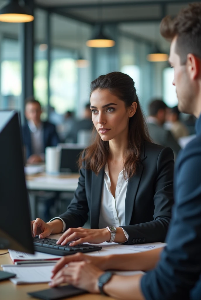 Brunette woman in front of computer at work with other people around